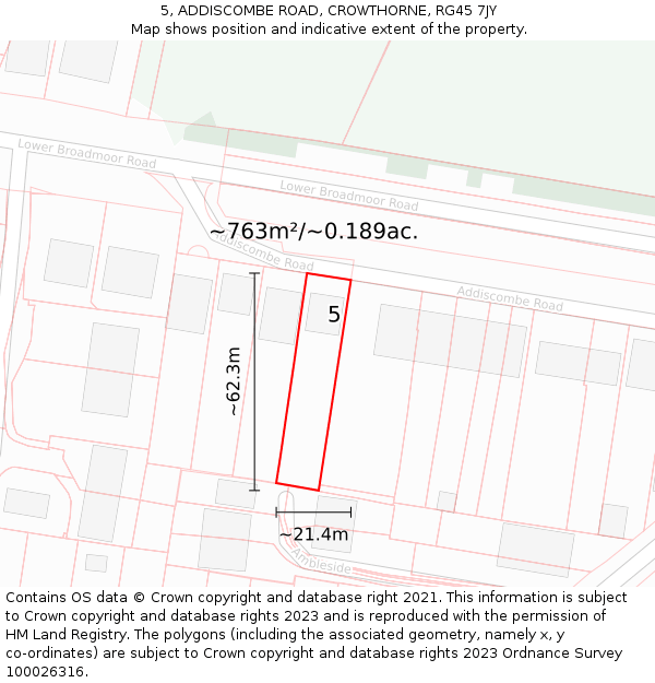 5, ADDISCOMBE ROAD, CROWTHORNE, RG45 7JY: Plot and title map