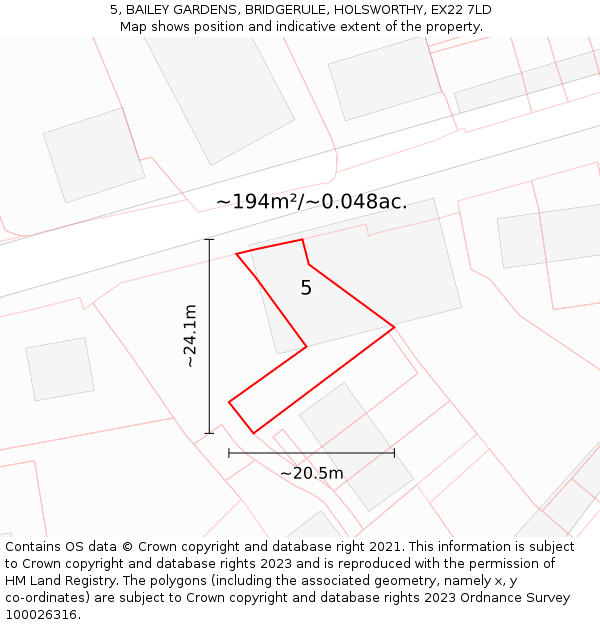 5, BAILEY GARDENS, BRIDGERULE, HOLSWORTHY, EX22 7LD: Plot and title map