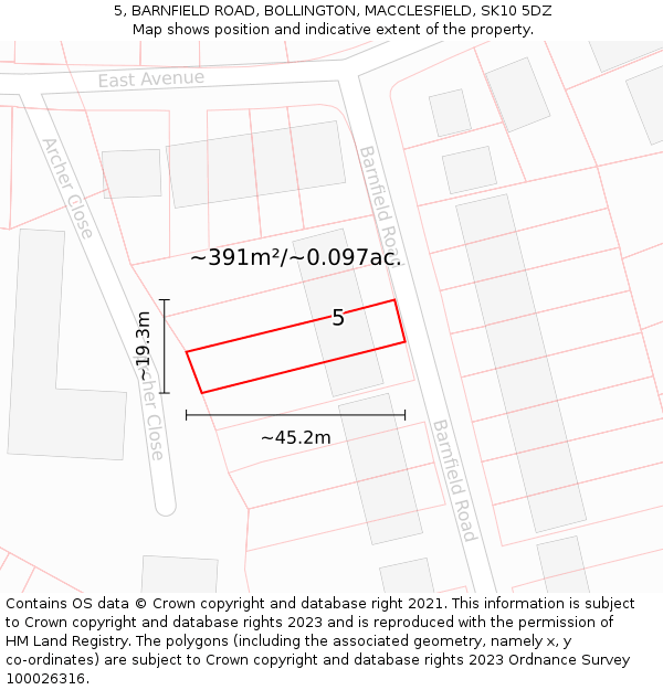 5, BARNFIELD ROAD, BOLLINGTON, MACCLESFIELD, SK10 5DZ: Plot and title map