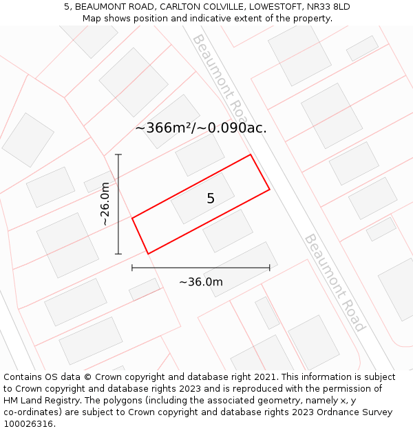 5, BEAUMONT ROAD, CARLTON COLVILLE, LOWESTOFT, NR33 8LD: Plot and title map