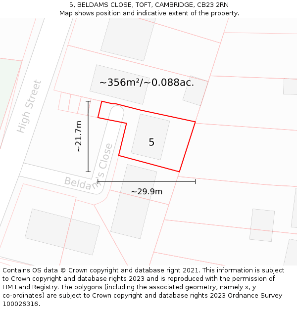 5, BELDAMS CLOSE, TOFT, CAMBRIDGE, CB23 2RN: Plot and title map