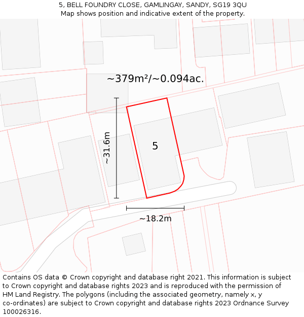 5, BELL FOUNDRY CLOSE, GAMLINGAY, SANDY, SG19 3QU: Plot and title map