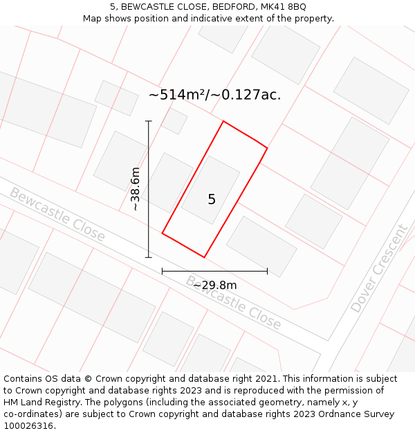 5, BEWCASTLE CLOSE, BEDFORD, MK41 8BQ: Plot and title map