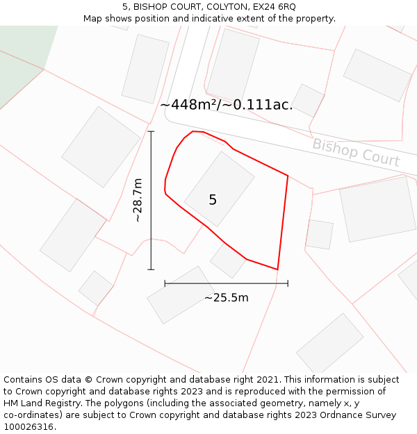 5, BISHOP COURT, COLYTON, EX24 6RQ: Plot and title map