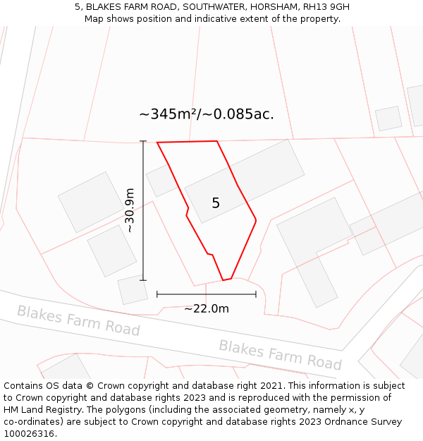 5, BLAKES FARM ROAD, SOUTHWATER, HORSHAM, RH13 9GH: Plot and title map