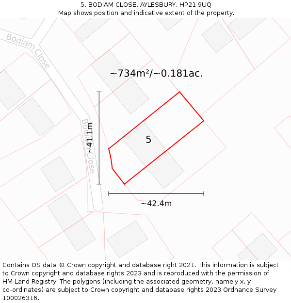 5, BODIAM CLOSE, AYLESBURY, HP21 9UQ: Plot and title map