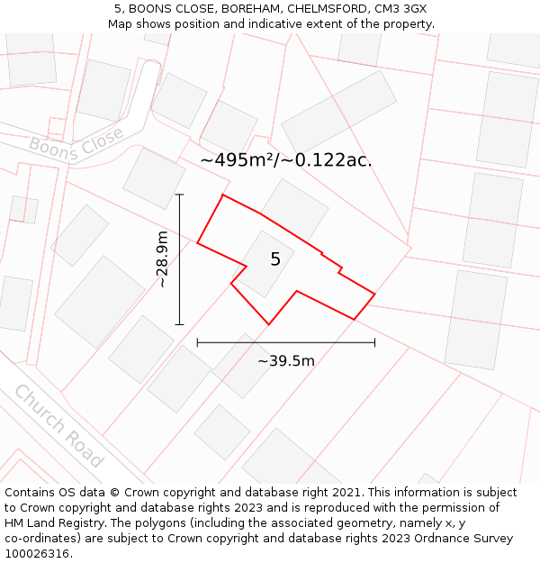 5, BOONS CLOSE, BOREHAM, CHELMSFORD, CM3 3GX: Plot and title map