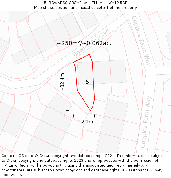 5, BOWNESS GROVE, WILLENHALL, WV12 5DB: Plot and title map