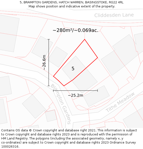 5, BRAMPTON GARDENS, HATCH WARREN, BASINGSTOKE, RG22 4RL: Plot and title map