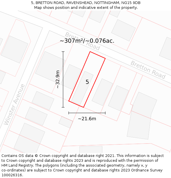 5, BRETTON ROAD, RAVENSHEAD, NOTTINGHAM, NG15 9DB: Plot and title map