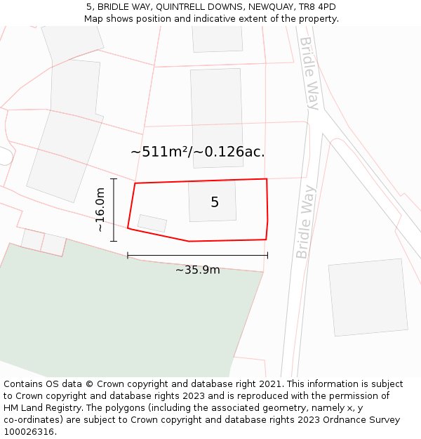 5, BRIDLE WAY, QUINTRELL DOWNS, NEWQUAY, TR8 4PD: Plot and title map