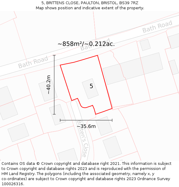 5, BRITTENS CLOSE, PAULTON, BRISTOL, BS39 7RZ: Plot and title map