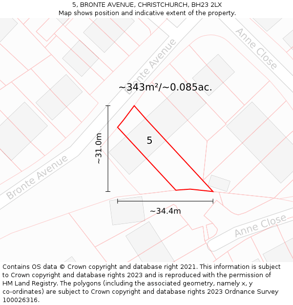 5, BRONTE AVENUE, CHRISTCHURCH, BH23 2LX: Plot and title map