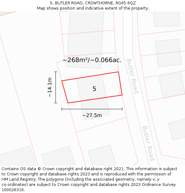 5, BUTLER ROAD, CROWTHORNE, RG45 6QZ: Plot and title map