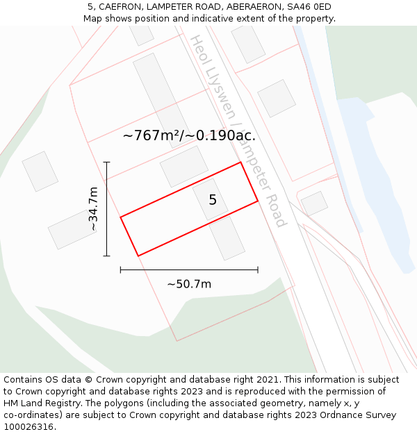 5, CAEFRON, LAMPETER ROAD, ABERAERON, SA46 0ED: Plot and title map