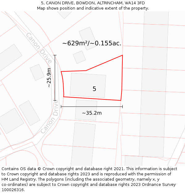 5, CANON DRIVE, BOWDON, ALTRINCHAM, WA14 3FD: Plot and title map