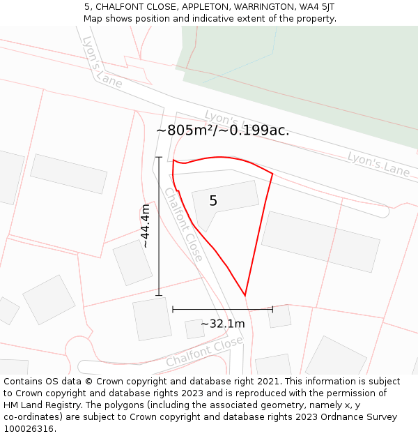 5, CHALFONT CLOSE, APPLETON, WARRINGTON, WA4 5JT: Plot and title map