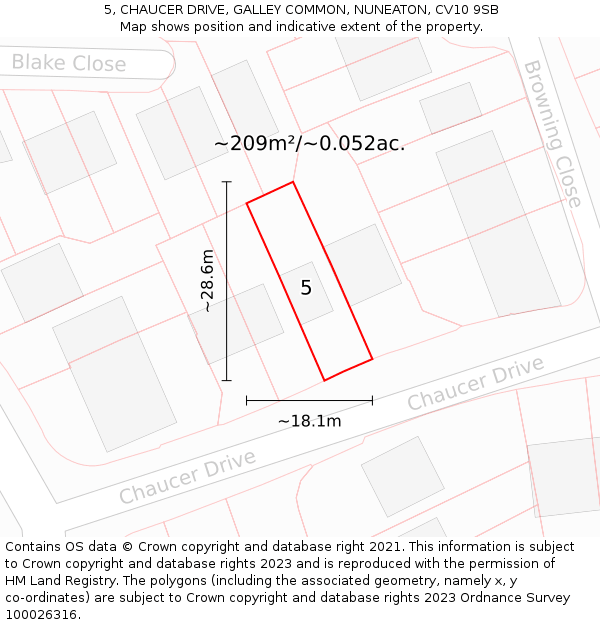 5, CHAUCER DRIVE, GALLEY COMMON, NUNEATON, CV10 9SB: Plot and title map