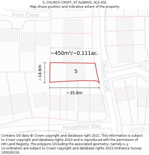 5, CHURCH CROFT, ST ALBANS, AL4 0GL: Plot and title map