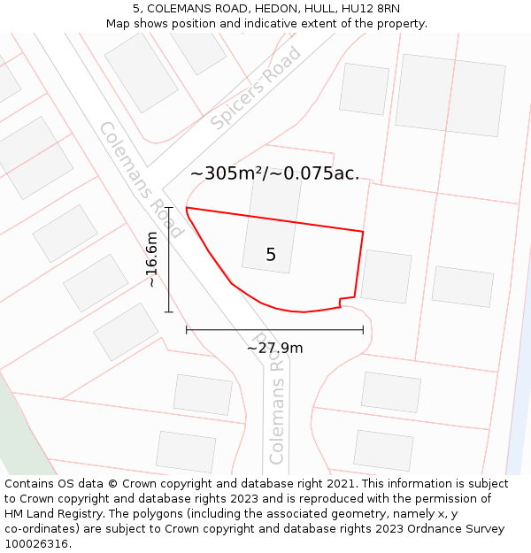 5, COLEMANS ROAD, HEDON, HULL, HU12 8RN: Plot and title map