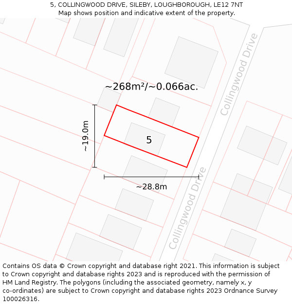 5, COLLINGWOOD DRIVE, SILEBY, LOUGHBOROUGH, LE12 7NT: Plot and title map