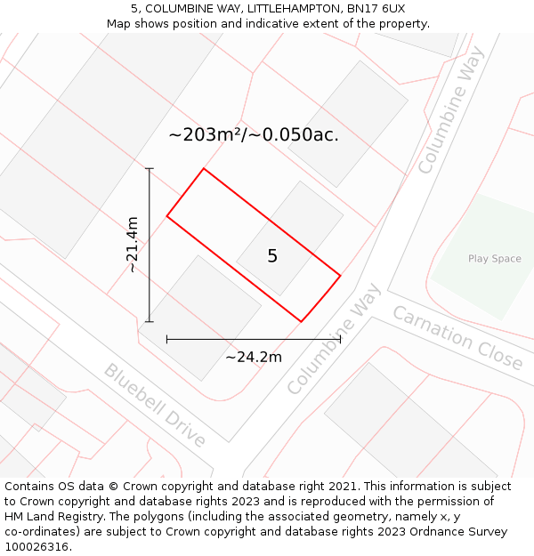 5, COLUMBINE WAY, LITTLEHAMPTON, BN17 6UX: Plot and title map