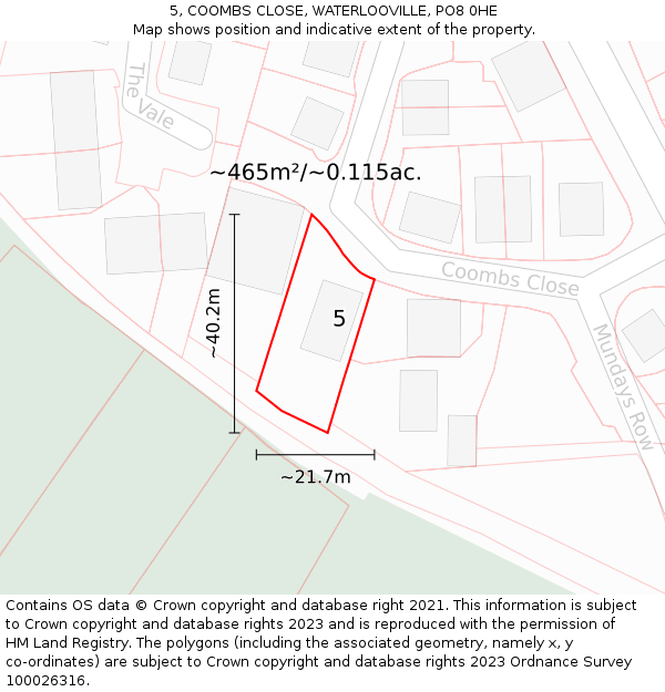 5, COOMBS CLOSE, WATERLOOVILLE, PO8 0HE: Plot and title map