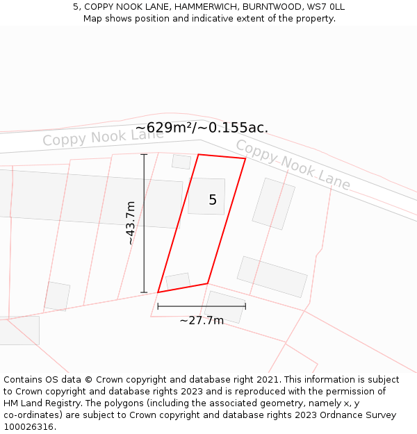 5, COPPY NOOK LANE, HAMMERWICH, BURNTWOOD, WS7 0LL: Plot and title map