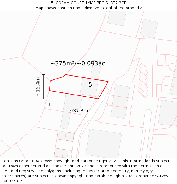 5, CORAM COURT, LYME REGIS, DT7 3GE: Plot and title map