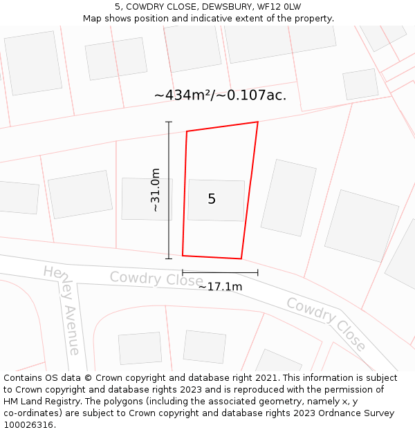 5, COWDRY CLOSE, DEWSBURY, WF12 0LW: Plot and title map