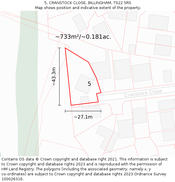 5, CRANSTOCK CLOSE, BILLINGHAM, TS22 5RS: Plot and title map