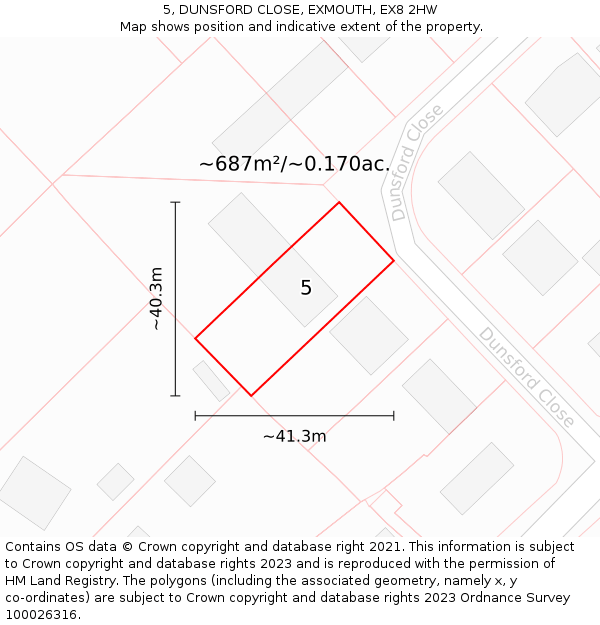 5, DUNSFORD CLOSE, EXMOUTH, EX8 2HW: Plot and title map