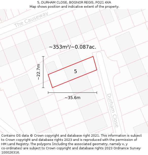 5, DURHAM CLOSE, BOGNOR REGIS, PO21 4XA: Plot and title map