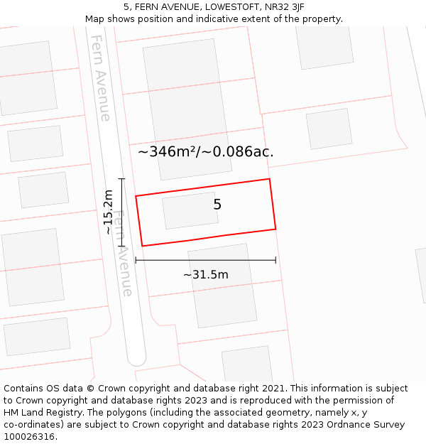 5, FERN AVENUE, LOWESTOFT, NR32 3JF: Plot and title map