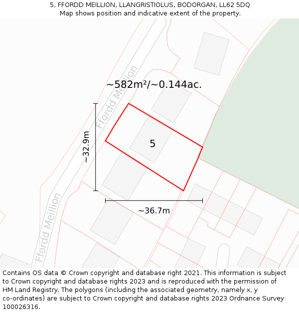 5, FFORDD MEILLION, LLANGRISTIOLUS, BODORGAN, LL62 5DQ: Plot and title map