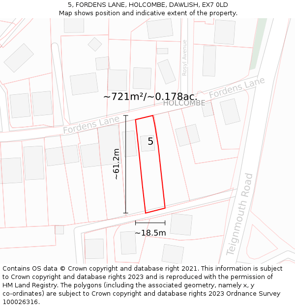 5, FORDENS LANE, HOLCOMBE, DAWLISH, EX7 0LD: Plot and title map