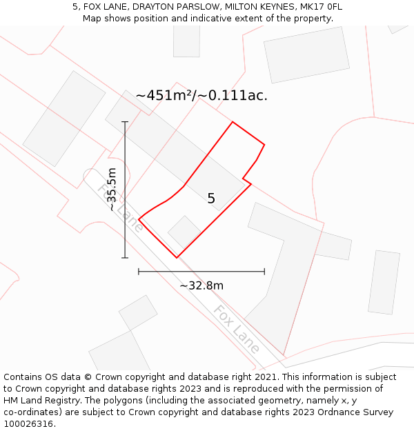 5, FOX LANE, DRAYTON PARSLOW, MILTON KEYNES, MK17 0FL: Plot and title map