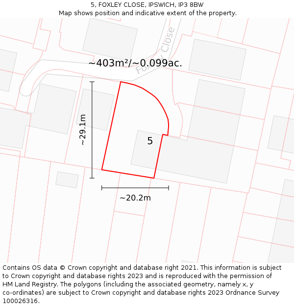 5, FOXLEY CLOSE, IPSWICH, IP3 8BW: Plot and title map