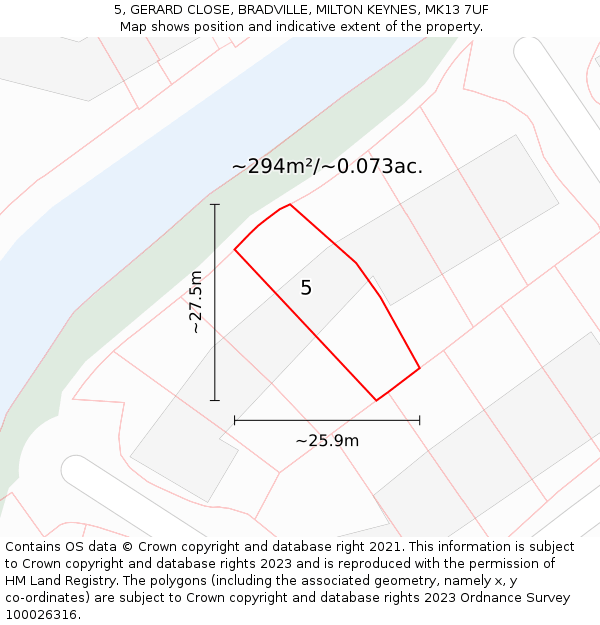 5, GERARD CLOSE, BRADVILLE, MILTON KEYNES, MK13 7UF: Plot and title map