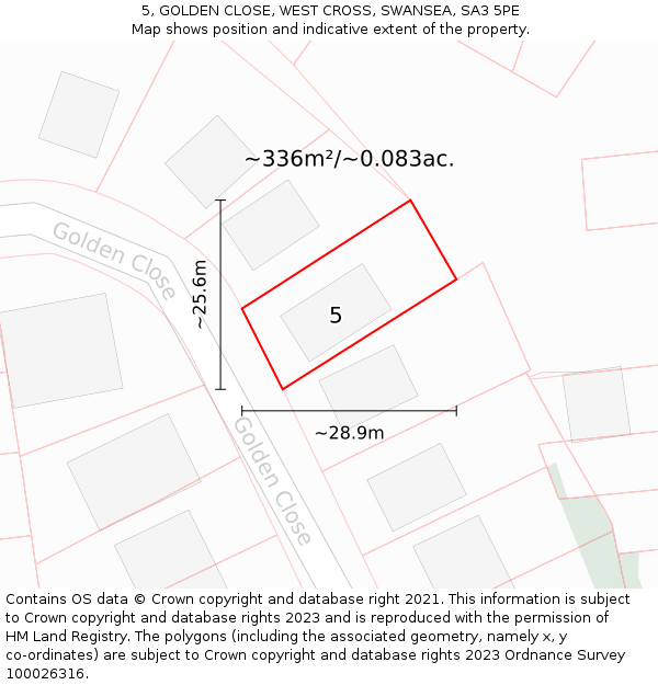 5, GOLDEN CLOSE, WEST CROSS, SWANSEA, SA3 5PE: Plot and title map