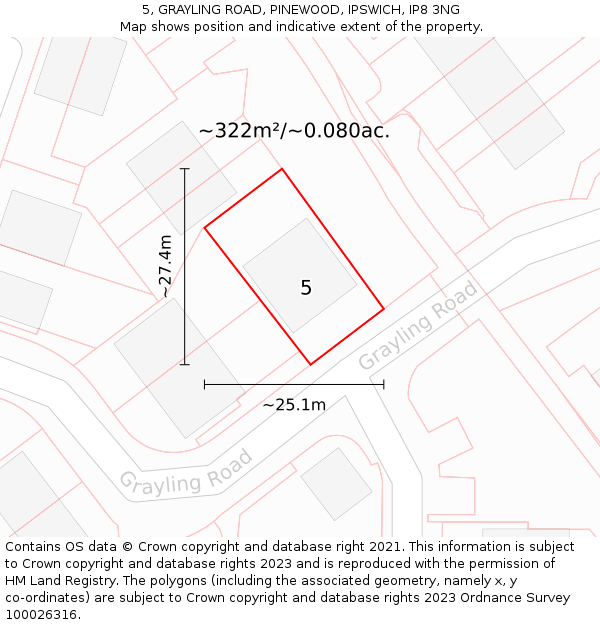 5, GRAYLING ROAD, PINEWOOD, IPSWICH, IP8 3NG: Plot and title map