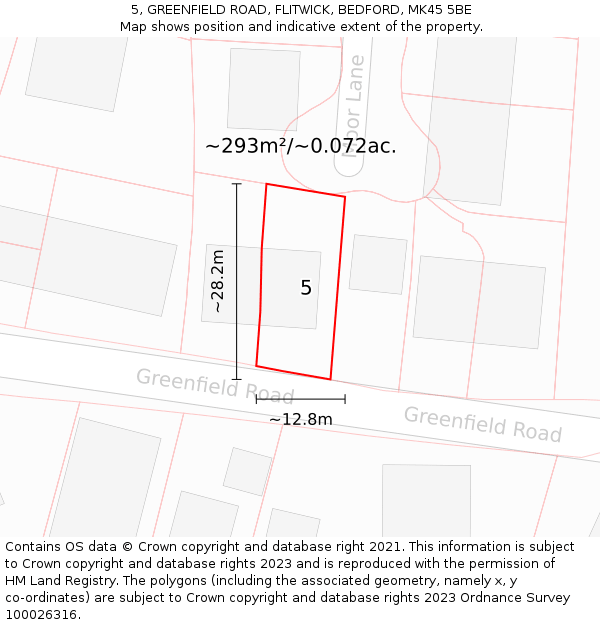 5, GREENFIELD ROAD, FLITWICK, BEDFORD, MK45 5BE: Plot and title map