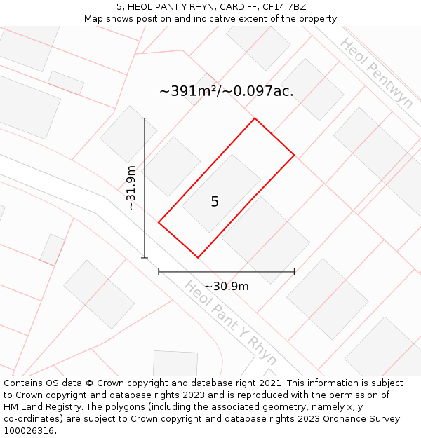 5, HEOL PANT Y RHYN, CARDIFF, CF14 7BZ: Plot and title map