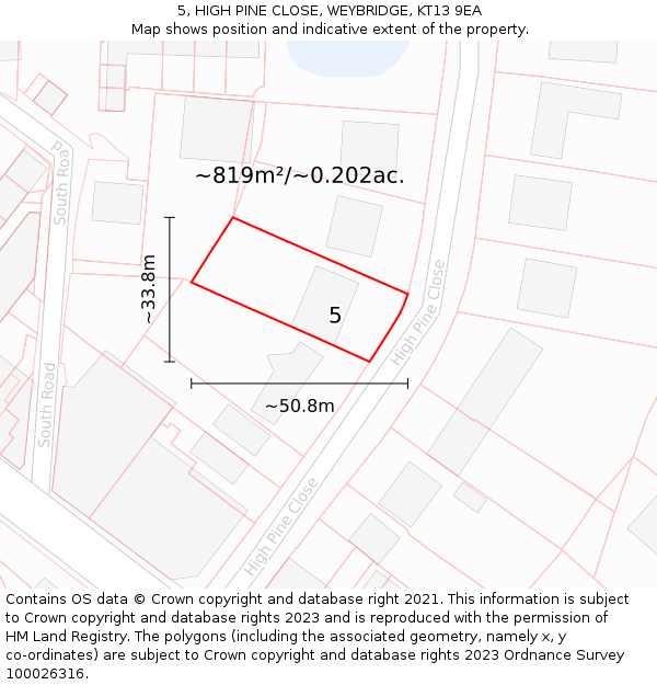 5, HIGH PINE CLOSE, WEYBRIDGE, KT13 9EA: Plot and title map