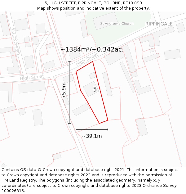 5, HIGH STREET, RIPPINGALE, BOURNE, PE10 0SR: Plot and title map