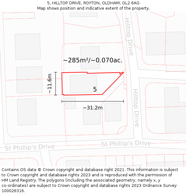 5, HILLTOP DRIVE, ROYTON, OLDHAM, OL2 6AG: Plot and title map