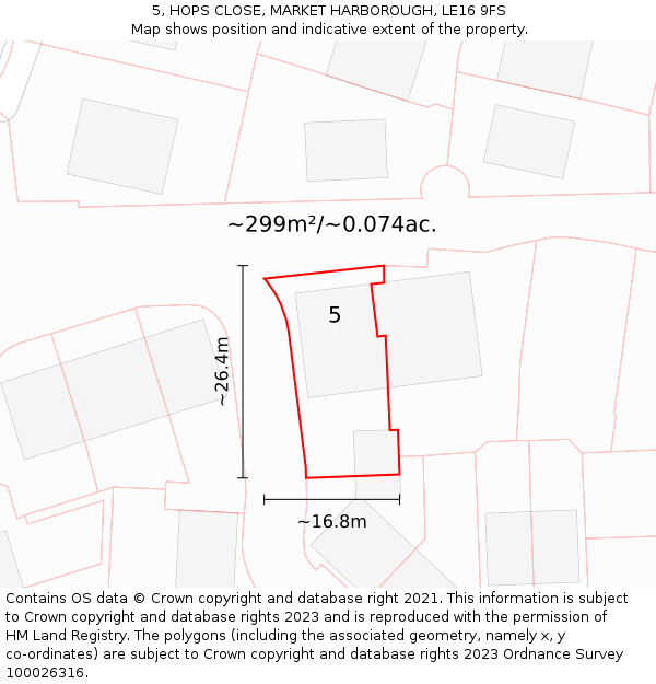 5, HOPS CLOSE, MARKET HARBOROUGH, LE16 9FS: Plot and title map