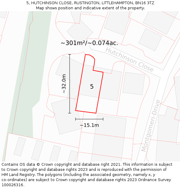 5, HUTCHINSON CLOSE, RUSTINGTON, LITTLEHAMPTON, BN16 3TZ: Plot and title map