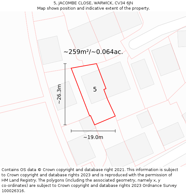 5, JACOMBE CLOSE, WARWICK, CV34 6JN: Plot and title map