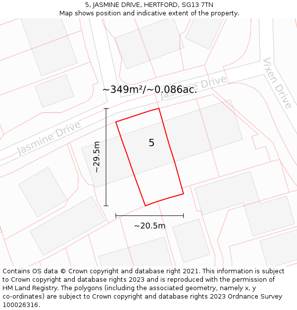 5, JASMINE DRIVE, HERTFORD, SG13 7TN: Plot and title map